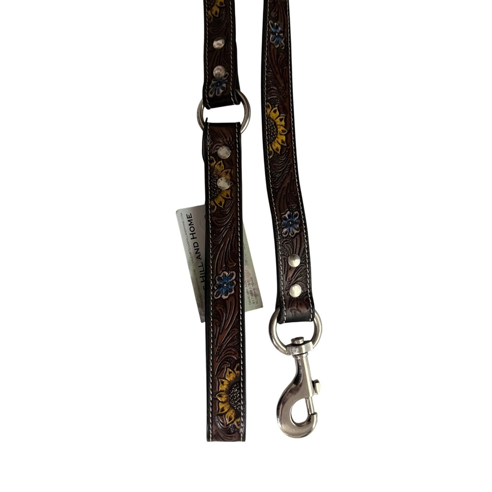 Myra Bag Tooled Leather Dog Leash Sunflower Floral Western Brown Silver Hardware